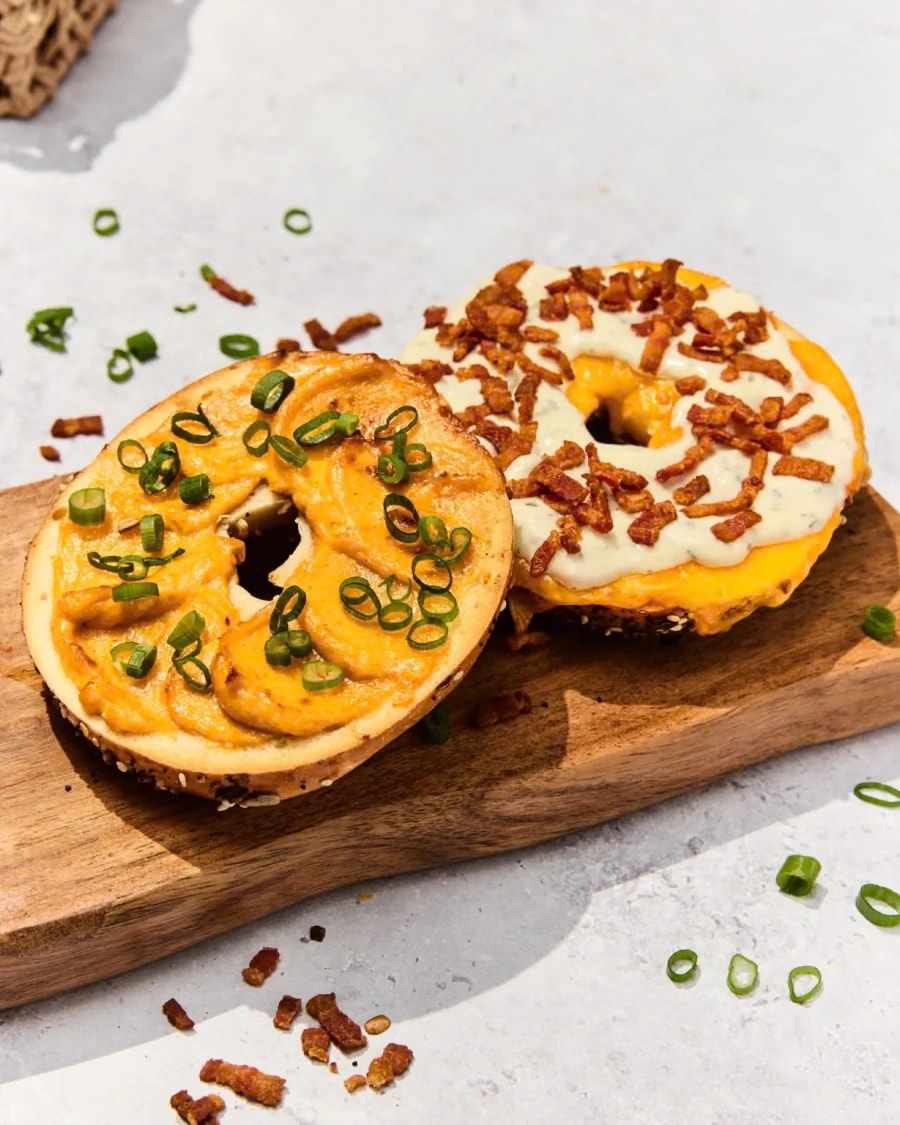 Brala's Best: toasted bagels with garlic spread and spring onions on a board